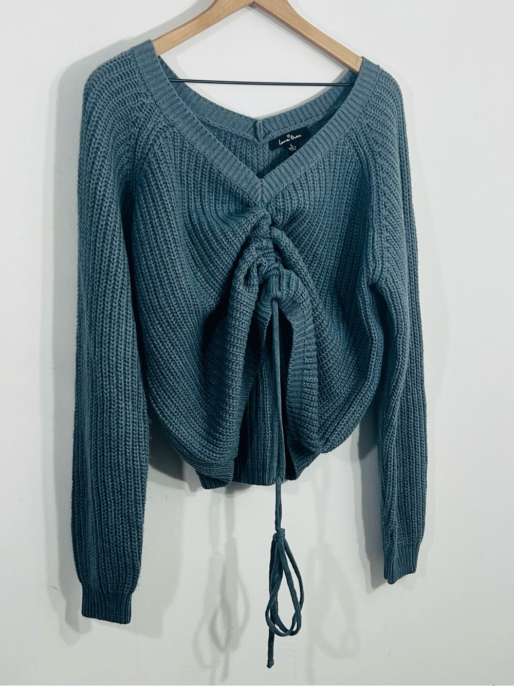 Love Tree Gray V Neck Knit Drawstring Front Cropped Crop Top Wool Mix Sweater